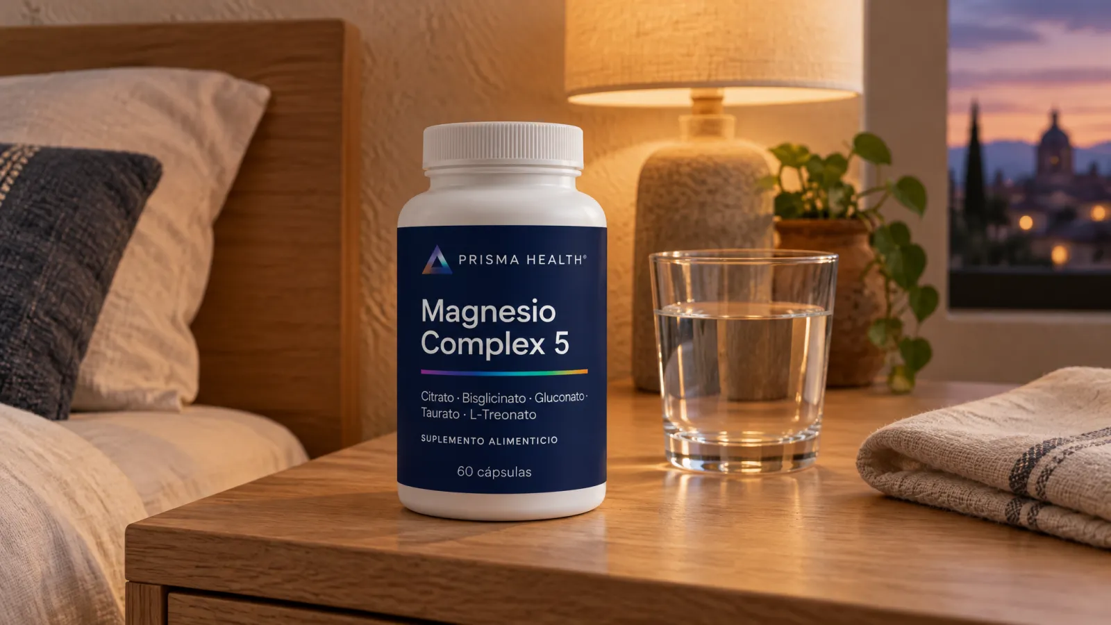 PRISMA HEALTH® Magnesio Complex 5 en un buró junto a un vaso de agua